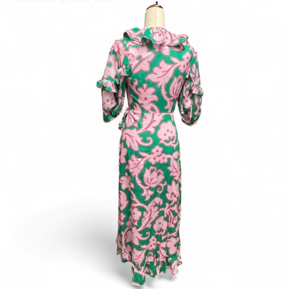 Rhode‎ Womens Lydia Take It Easy Pink Green Floral Print Midi Wrap Dress Size XS - Picture 7 of 11